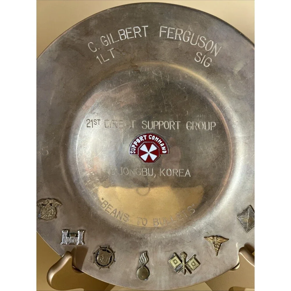 Vintage US Army Military Brass Tray with 7 Emblems- Support Command Korea 8.75